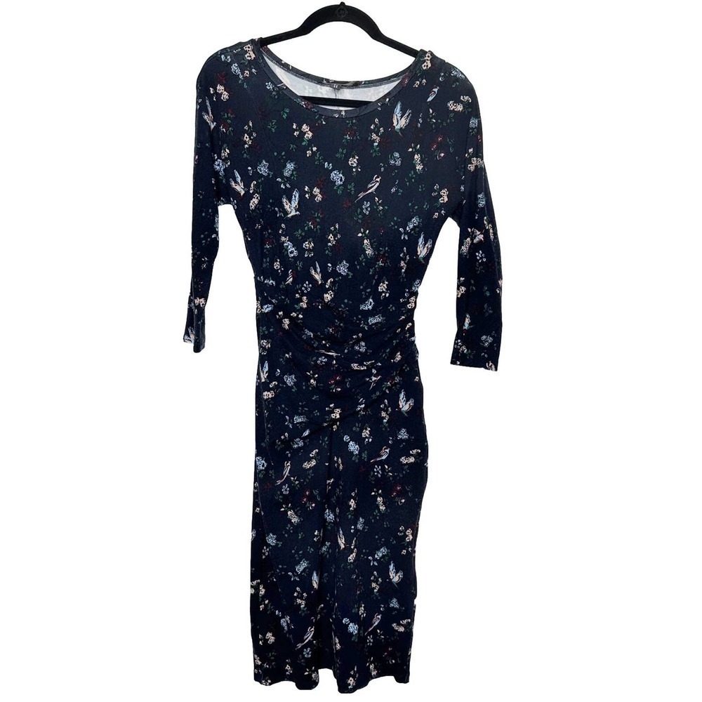 Weekend Max Mara Midi Bird Dress Floral Ruched Long Sleeve Round Neck Navy Small